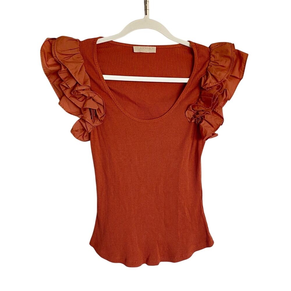 Ulla Johnson Scoop Neck Ribbed Jersey Poplin Trim Flutter Sleeve Slim Bodice Top